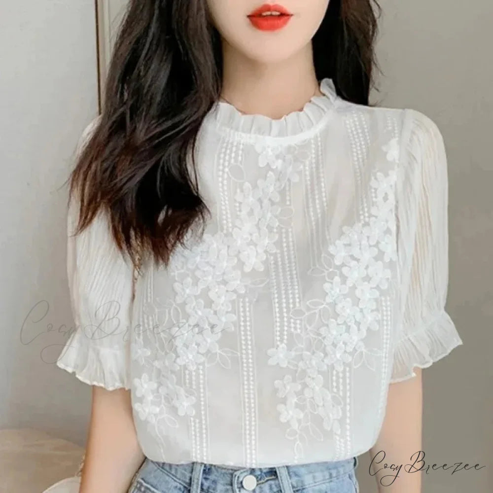 Lace Chiffon Short Sleeve Embroidery Crop Top blouse-250126