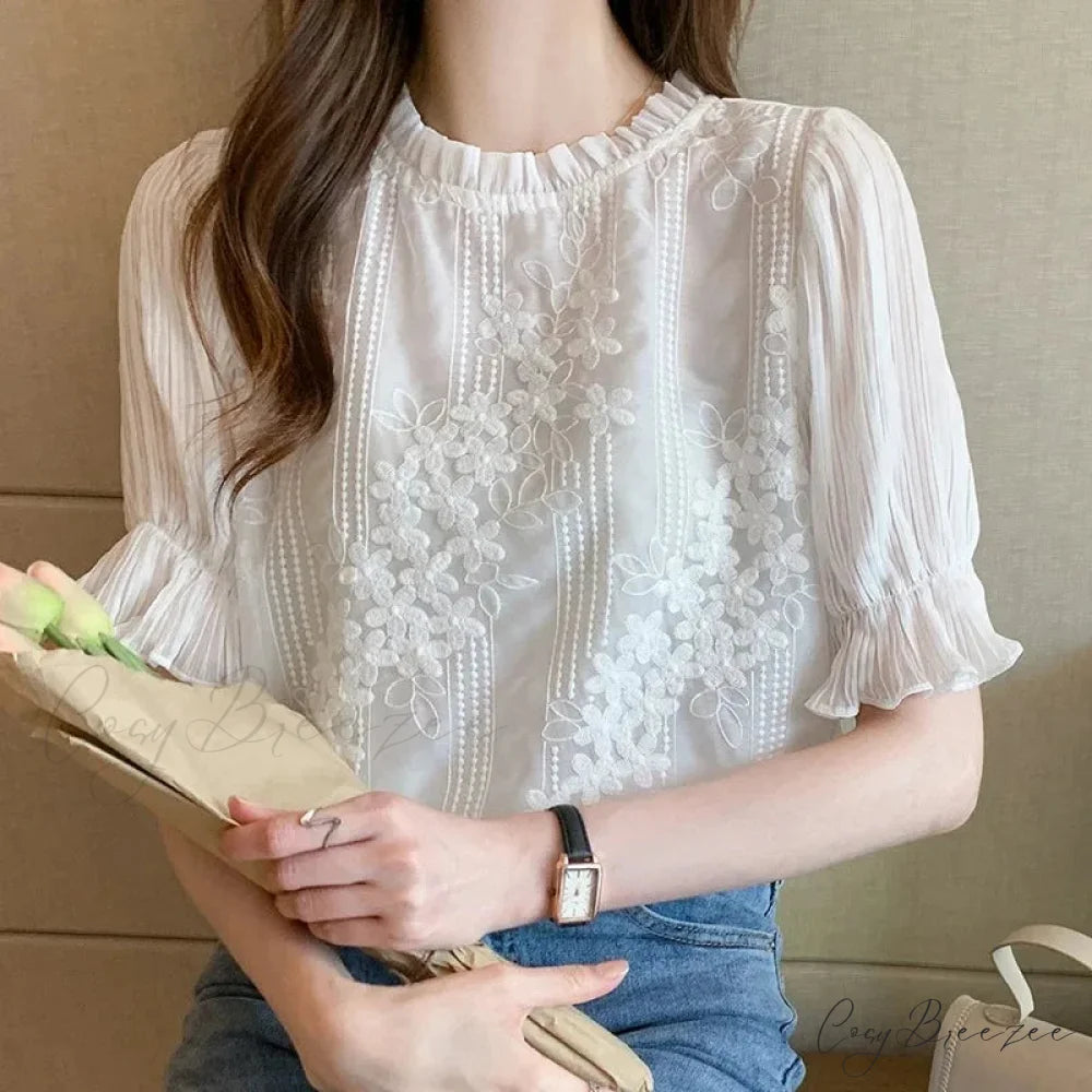 Lace Chiffon Short Sleeve Embroidery Crop Top blouse-250126