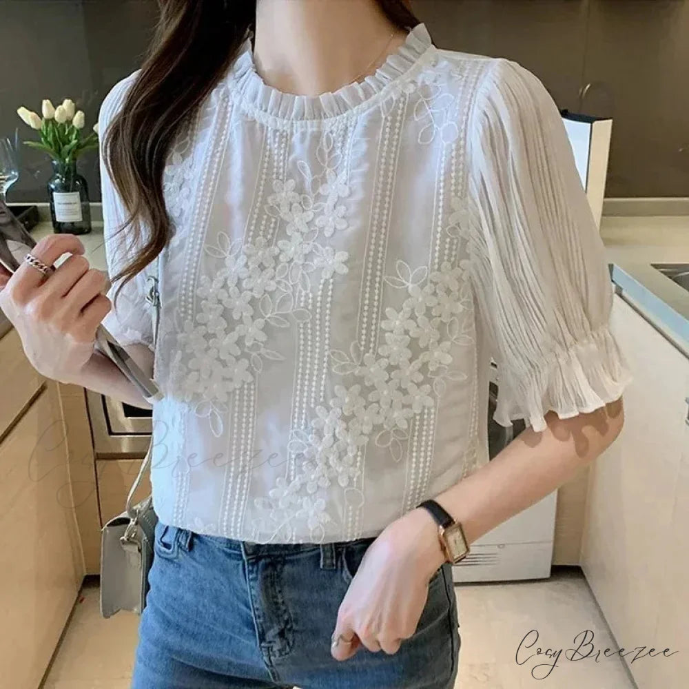 Lace Chiffon Short Sleeve Embroidery Crop Top WHITE / S blouse-250126