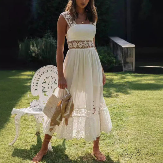 Lace Cotton Sleeveless White Hollow Out Maxi Sundress bohodress-250126