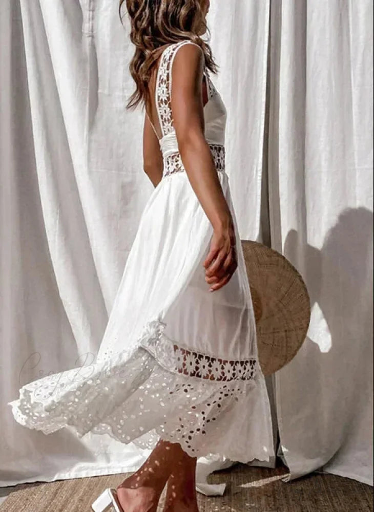 Lace Cotton Sleeveless White Hollow Out Maxi Sundress bohodress-250126