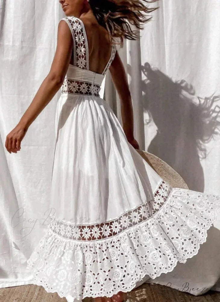 Lace Cotton Sleeveless White Hollow Out Maxi Sundress bohodress-250126