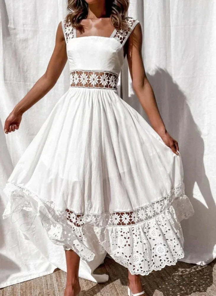 Lace Cotton Sleeveless White Hollow Out Maxi Sundress White / S bohodress-250126