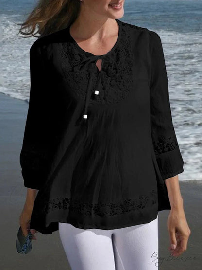 Lace Crochet Relaxed Patchwork Stylish Blouse Black / S blouse-250126