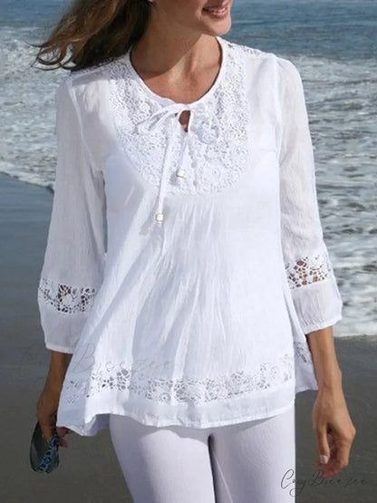 Lace Crochet Relaxed Patchwork Stylish Blouse WHITE / S blouse-250126