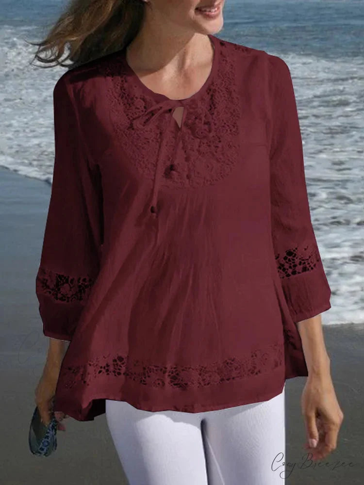 Lace Crochet Relaxed Patchwork Stylish Blouse Wine Red / S blouse-250126