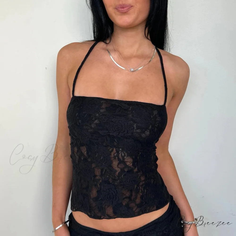 Lace Cross Back Sheer Crop Top Black / S croptop-250223