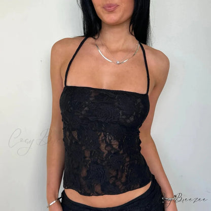Lace Cross Back Sheer Crop Top Black / S croptop-250223