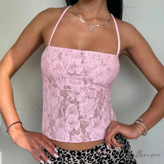 Lace Cross Back Sheer Crop Top Pink / S croptop-250223
