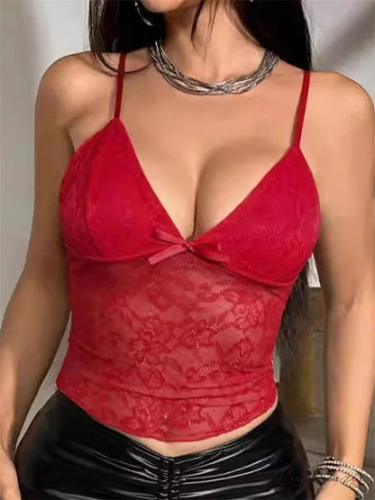 Lace Deep V-neck Solid Sheer Crop Top RED / S croptop-250126