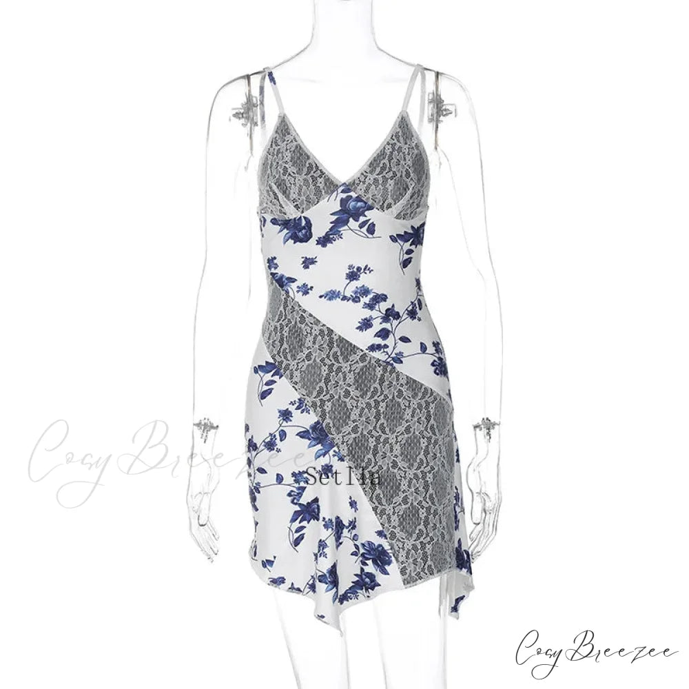 Lace Detail Print Slip Mini Dress