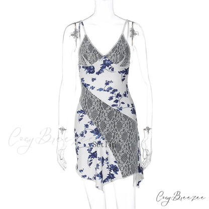 Lace Detail Print Slip Mini Dress