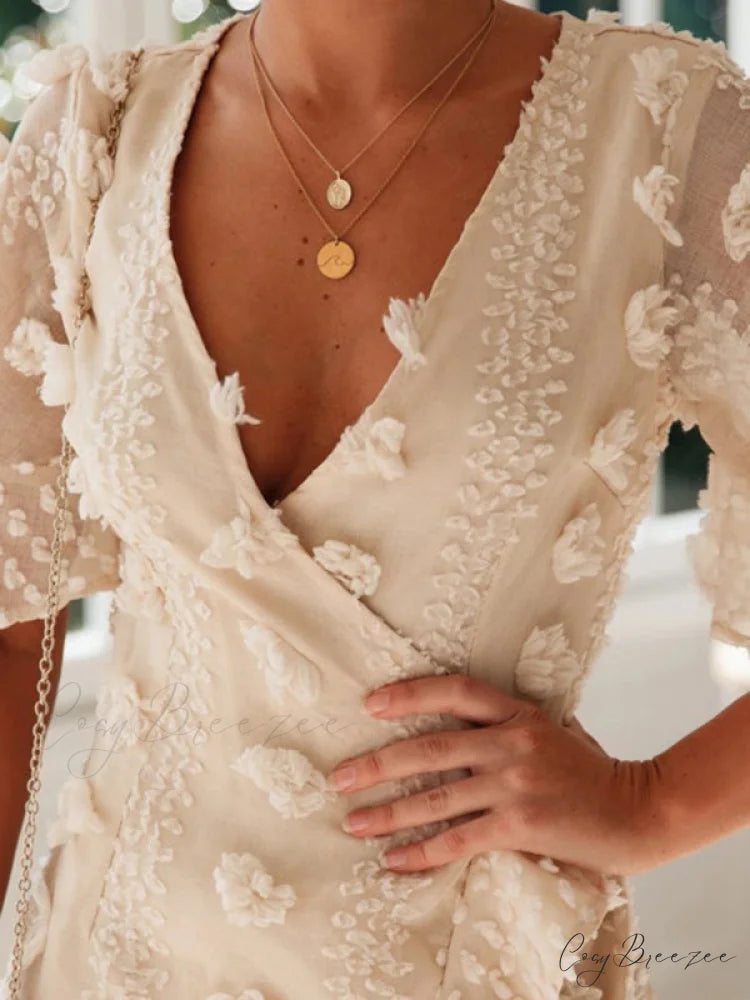 lace dress for chain short-sleeved flower link V-neck women