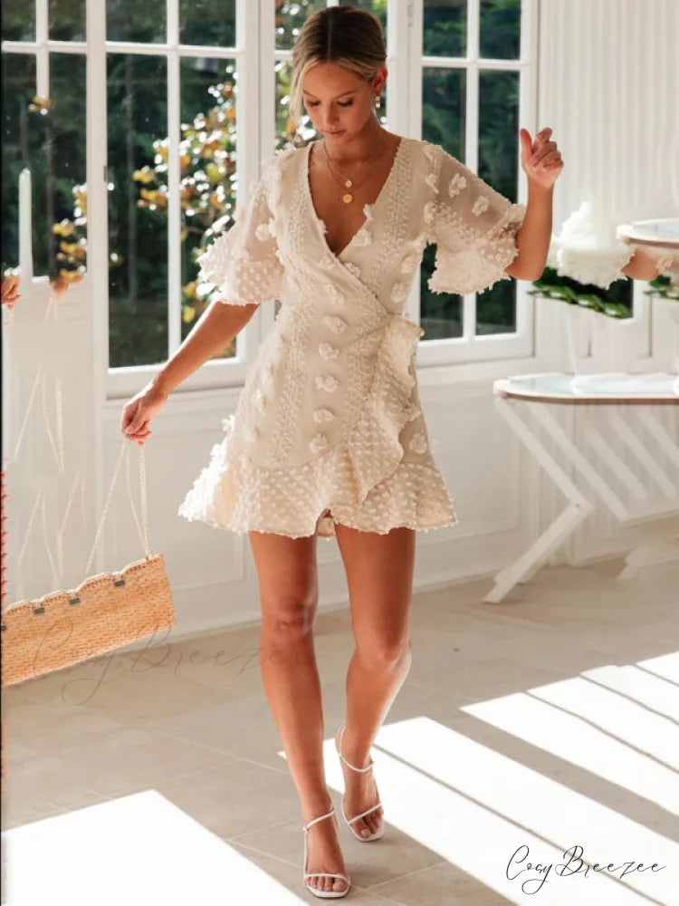 lace dress for chain short-sleeved flower link V-neck women