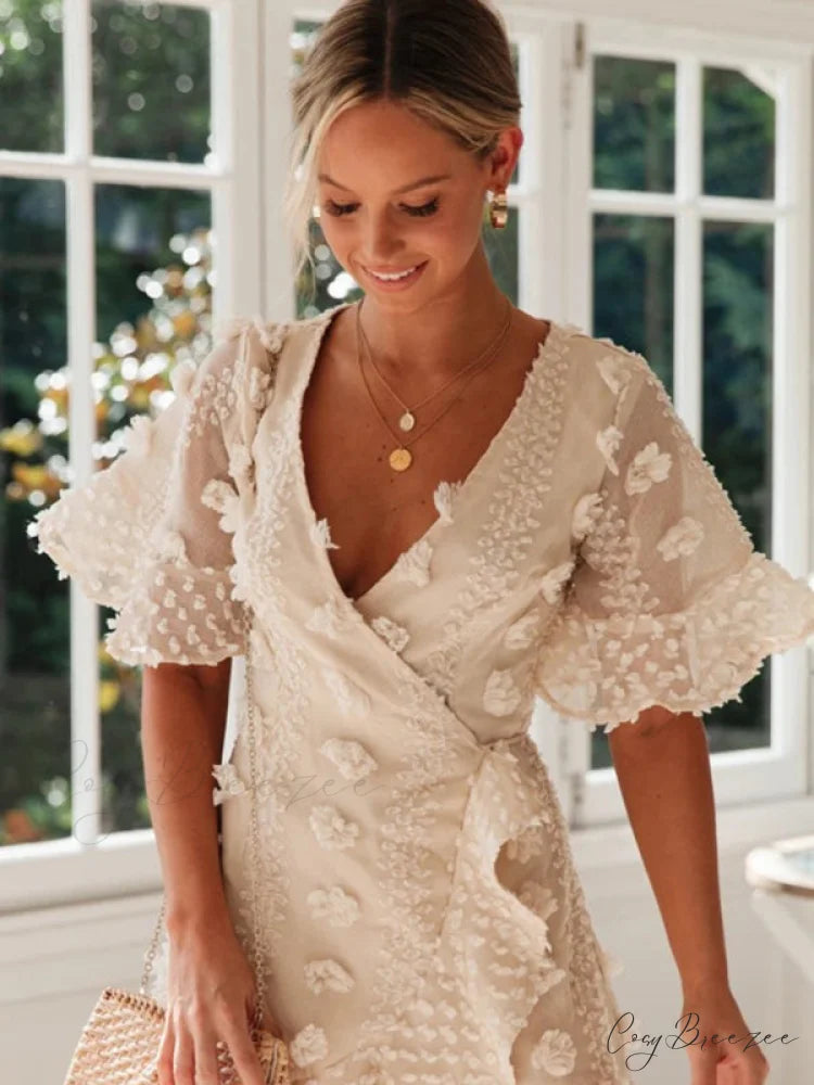 lace dress for chain short-sleeved flower link V-neck women