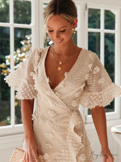 lace dress for chain short-sleeved flower link V-neck women