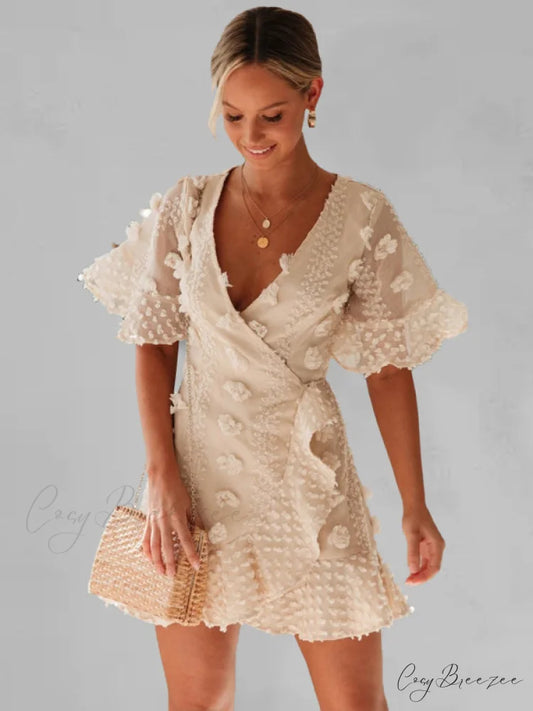 lace dress for chain short-sleeved flower link V-neck women khaki / S