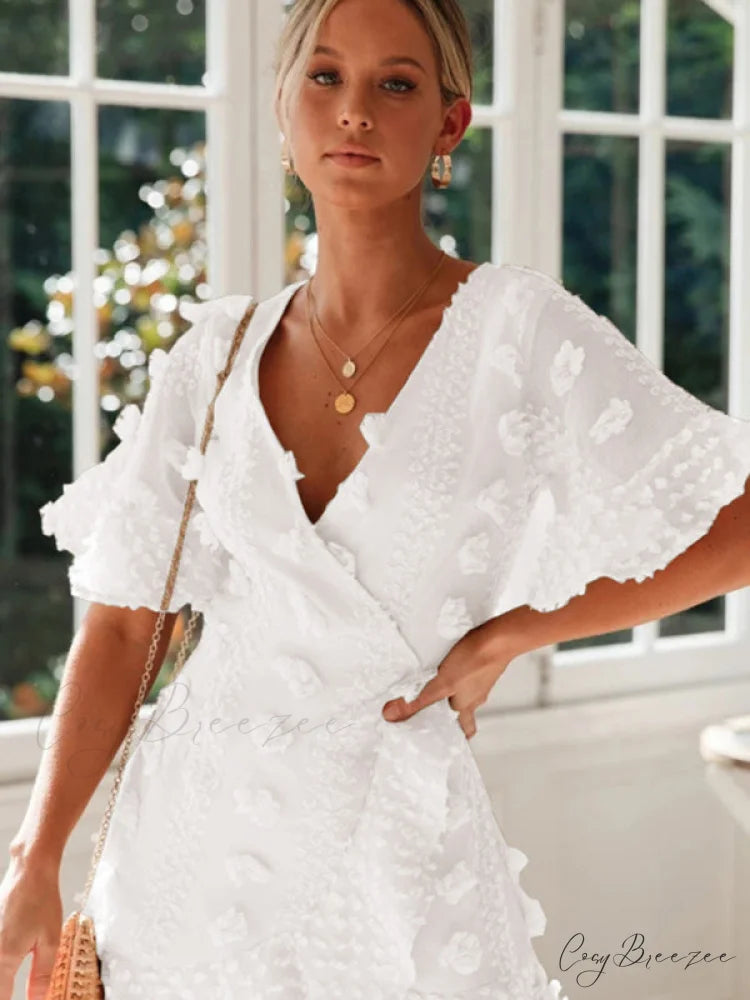 lace dress for chain short-sleeved flower link V-neck women White / S