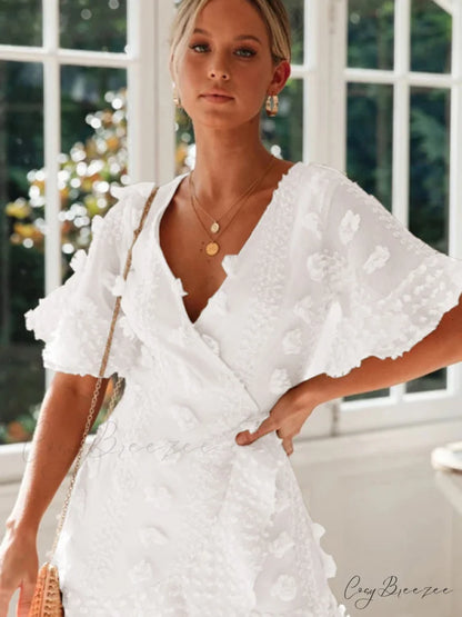 lace dress for chain short-sleeved flower link V-neck women White / S