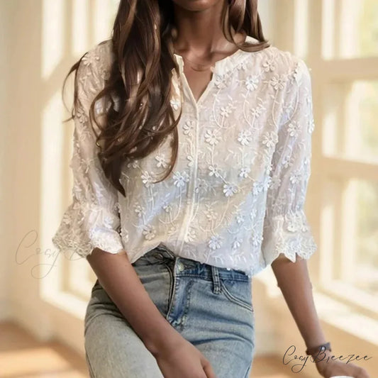 Lace Embroidered Floral Short Sleeve Casual White Crop Top blouse-250126