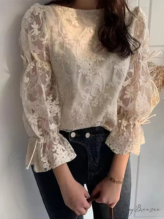 Lace Embroidered Puffy Sleeve Holiday Blouse Beige / S blouse-250126