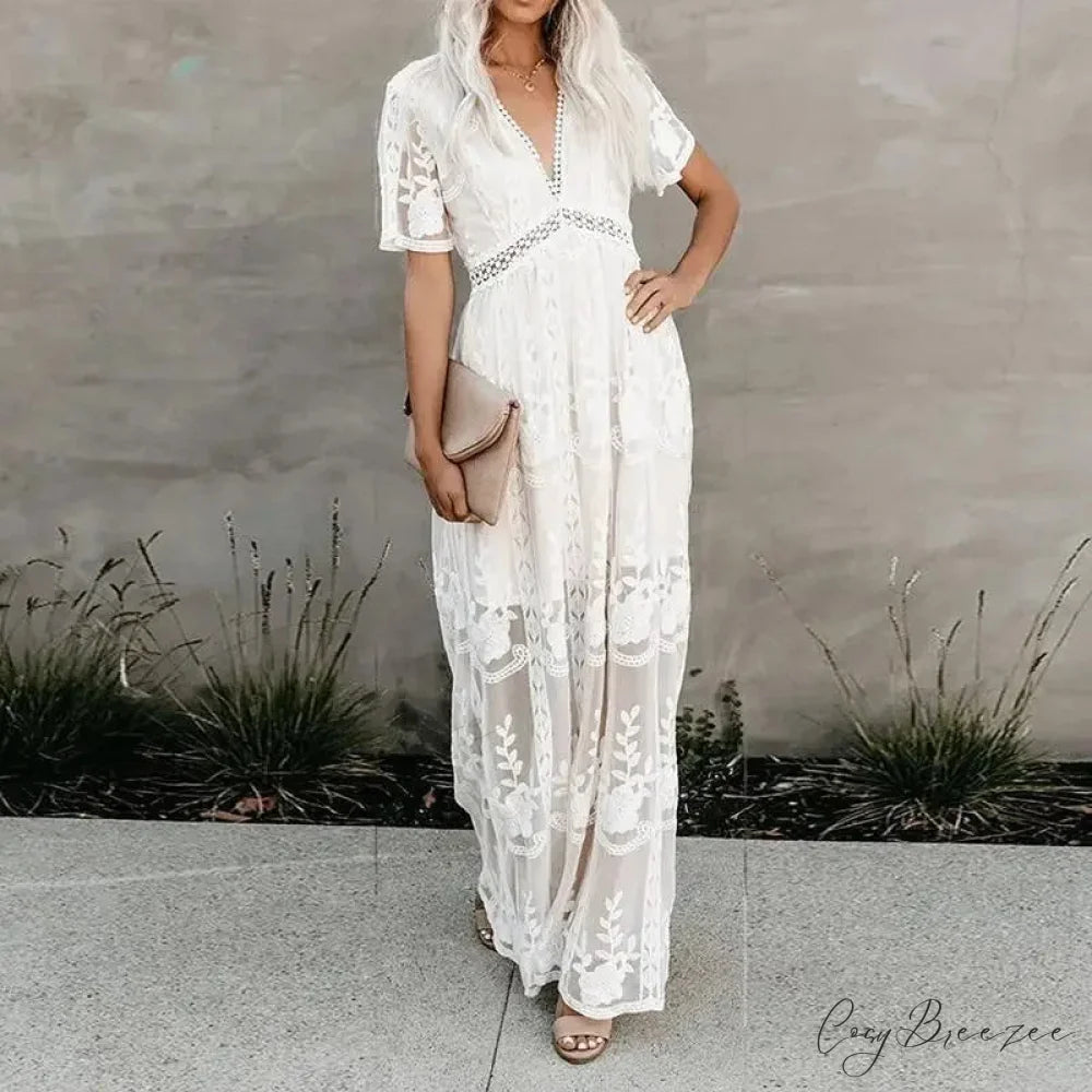 Lace Embroidery Patchwork Long Sleeve White Boho Dress bohodress-250126