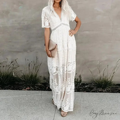 Lace Embroidery Patchwork Long Sleeve White Boho Dress bohodress-250126