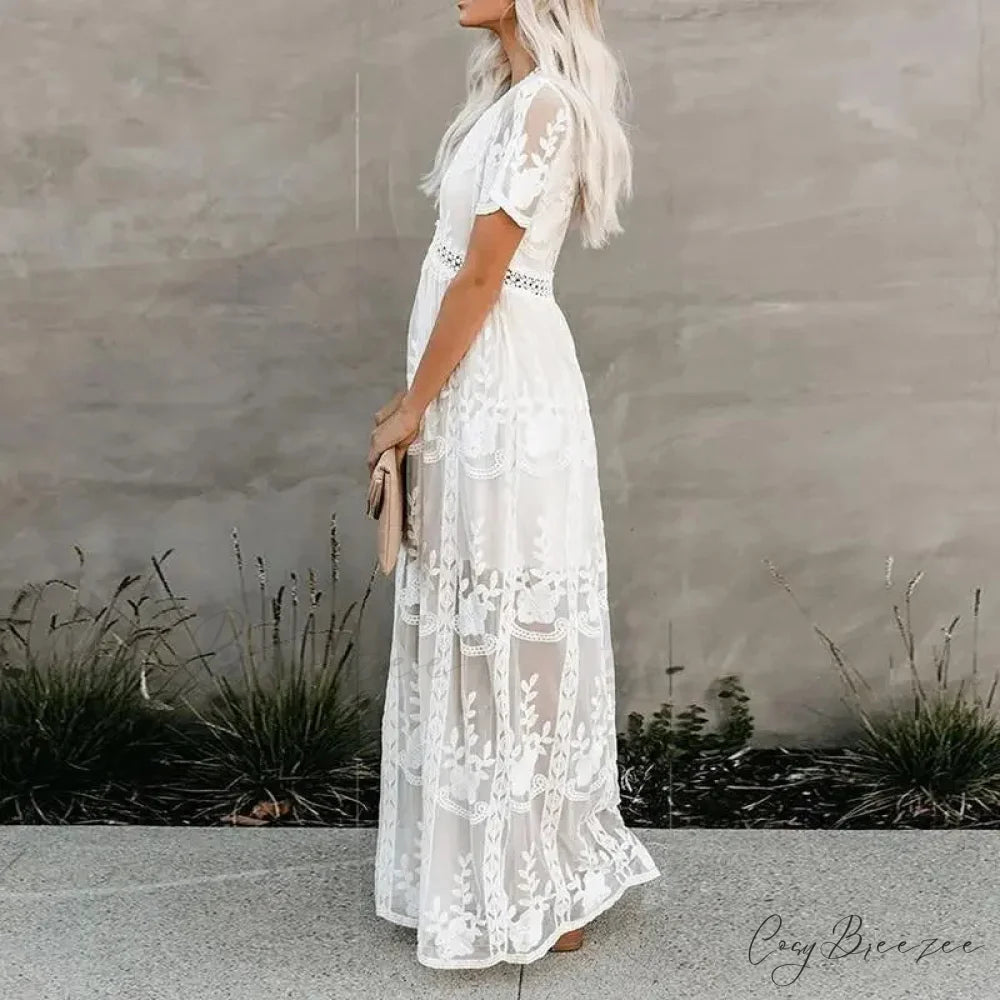 Lace Embroidery Patchwork Long Sleeve White Boho Dress bohodress-250126