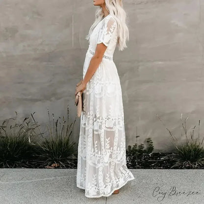 Lace Embroidery Patchwork Long Sleeve White Boho Dress bohodress-250126