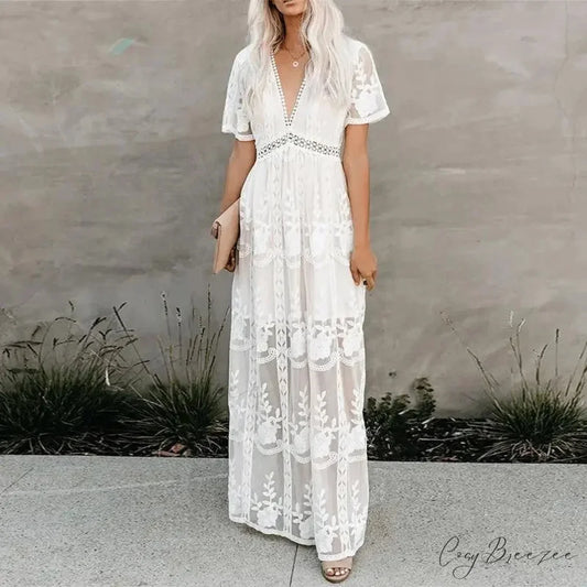 Lace Embroidery Patchwork Long Sleeve White Boho Dress White / S bohodress-250126