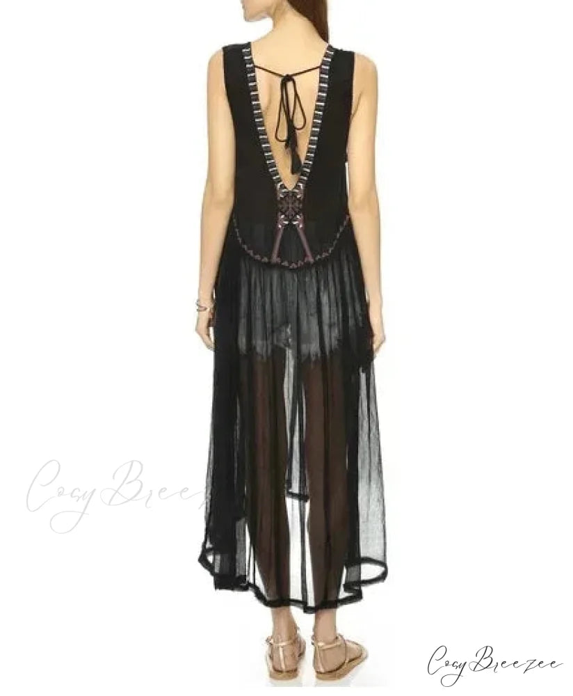 Lace Flare Sleeve Hollow Maxi Boho Dress bohodress-250126