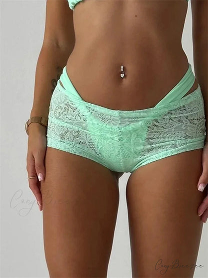 Lace Floral Bikini Cover-Up Shorts green / S short-250223