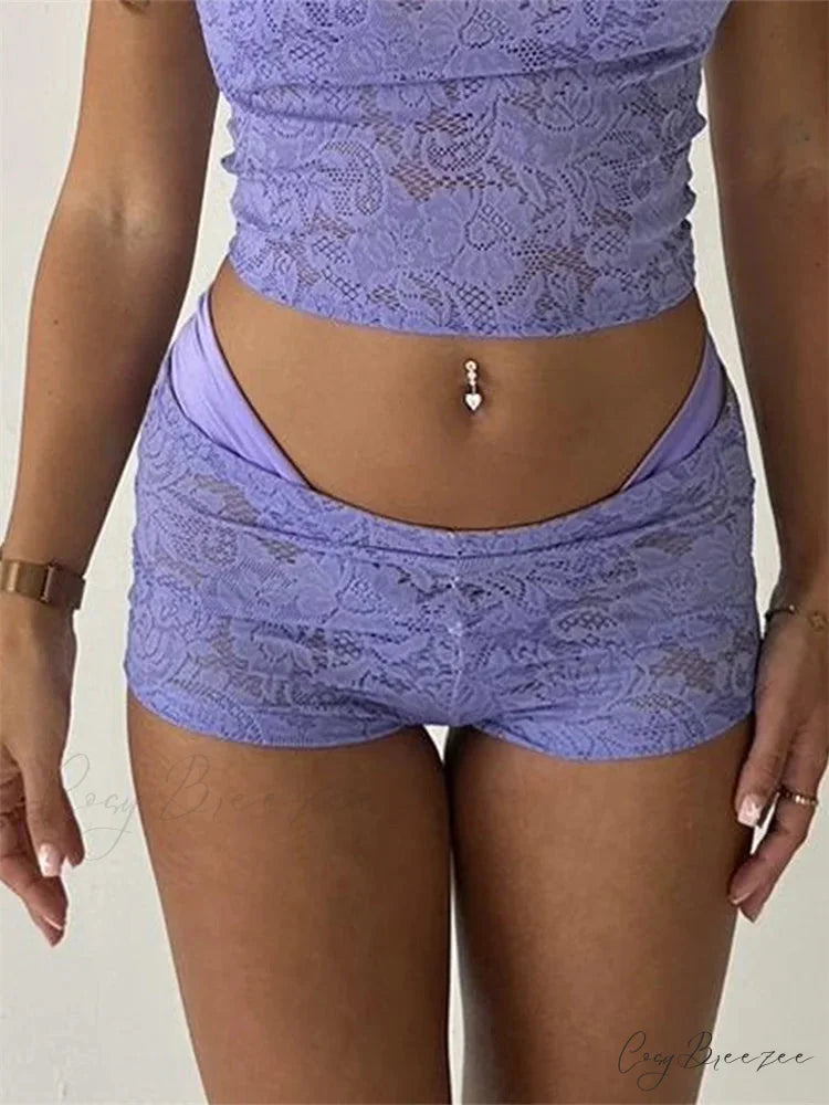 Lace Floral Bikini Cover-Up Shorts purple / S short-250223