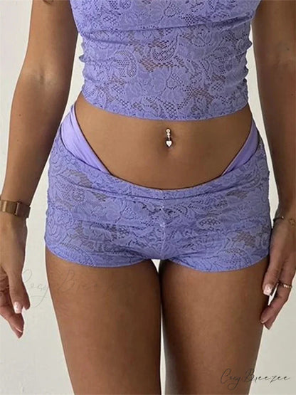 Lace Floral Bikini Cover-Up Shorts purple / S short-250223