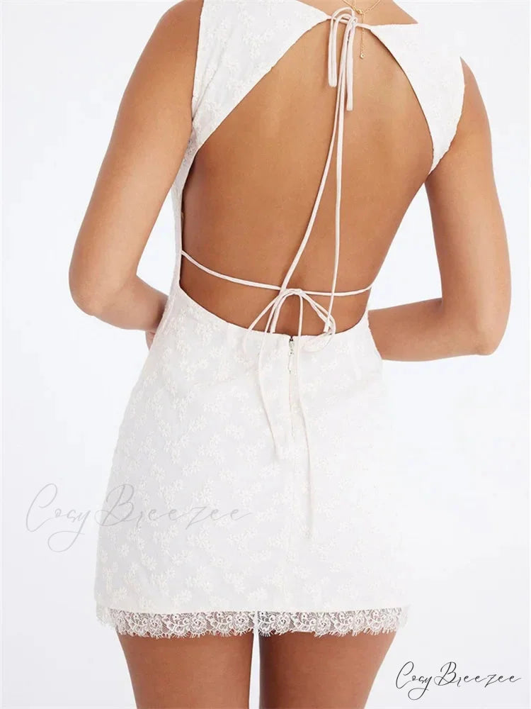 Lace Floral Elegant Sleeveless Backless Lace Mini Dress
