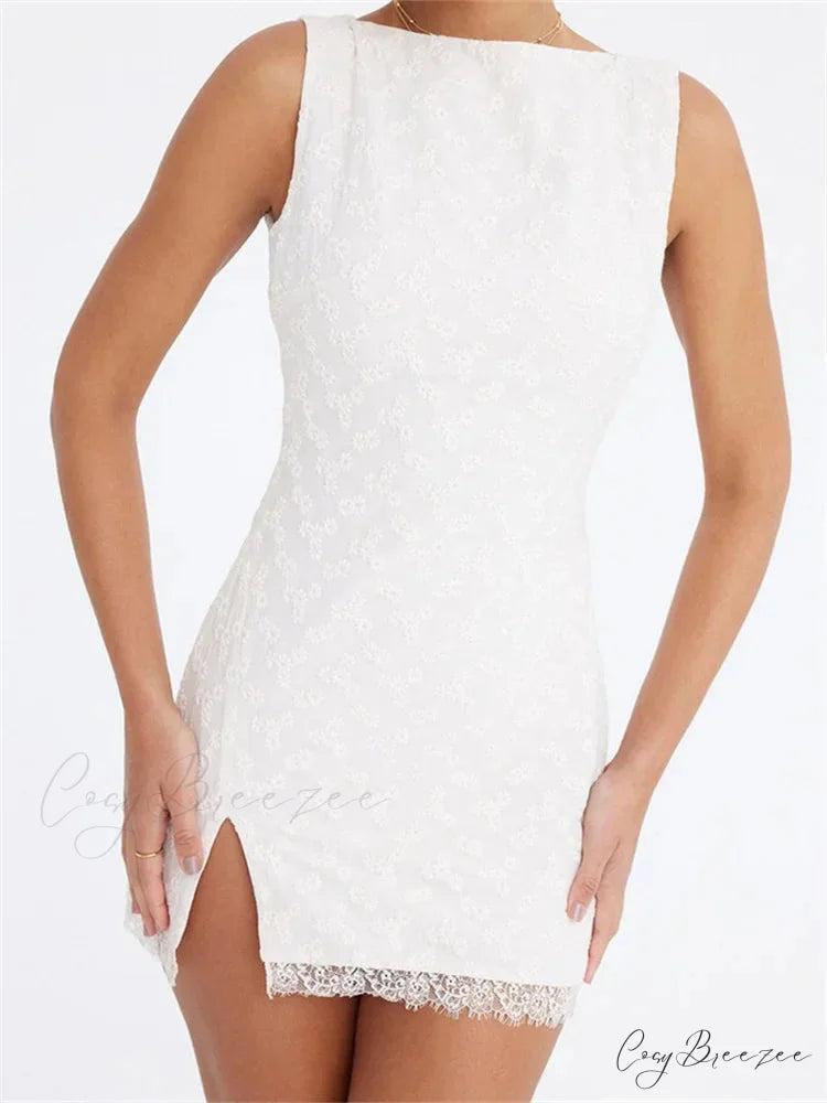 Lace Floral Elegant Sleeveless Backless Lace Mini Dress WHITE / S