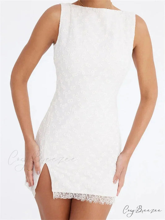 Lace Floral Elegant Sleeveless Backless Lace Mini Dress WHITE / S
