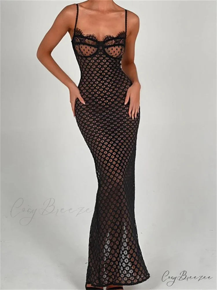 Lace Floral for Women Sexy Sleeveless Strap See Through Evening Cocktail Back Split Black Vestidos