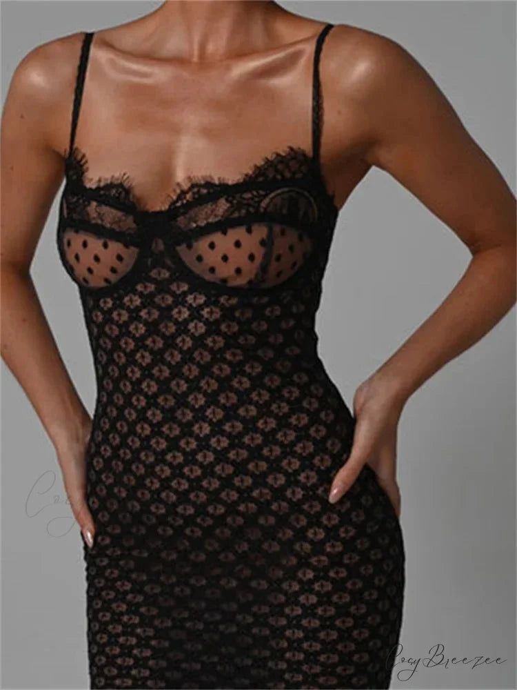 Lace Floral for Women Sexy Sleeveless Strap See Through Evening Cocktail Back Split Black Vestidos