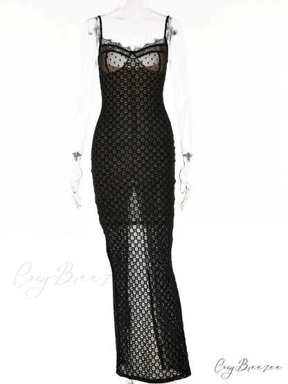 Lace Floral for Women Sexy Sleeveless Strap See Through Evening Cocktail Back Split Black Vestidos