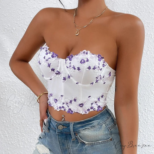 Lace Floral Korean Backless Fishbone Corset Top Purple / S croptop-250126
