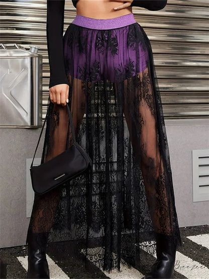 Lace Floral Long Maxi Skirt Solid Mesh Built-in Shorts Skirt PURPLE / S skirt-250126