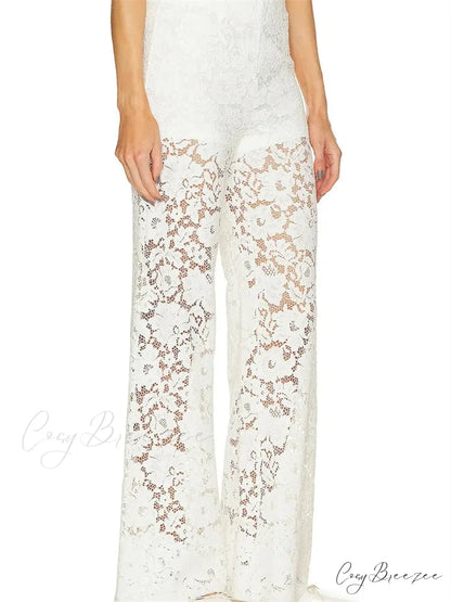 Lace Floral Loose Wide Leg Transparent Mesh Pant pant-250223