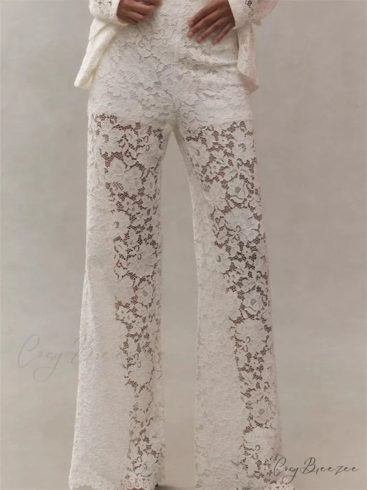 Lace Floral Loose Wide Leg Transparent Mesh Pant WHITE / S pant-250223