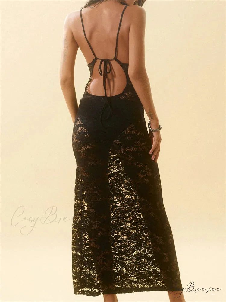 Lace Floral Mesh See Through Black for Women Summer Beach Clubwear Sexy Women Backless Tie-up