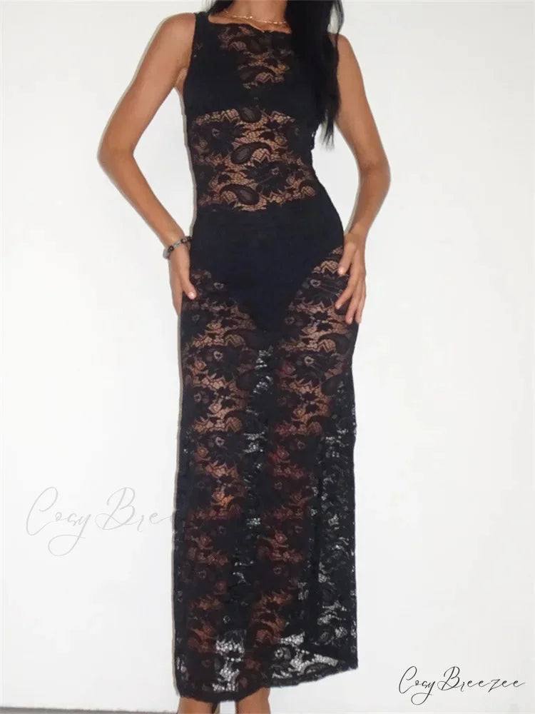 Lace Floral Mesh See Through Black for Women Summer Beach Clubwear Sexy Women Backless Tie-up Black / S