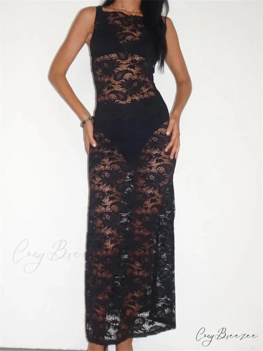 Lace Floral Mesh See Through Black for Women Summer Beach Clubwear Sexy Women Backless Tie-up Black / S