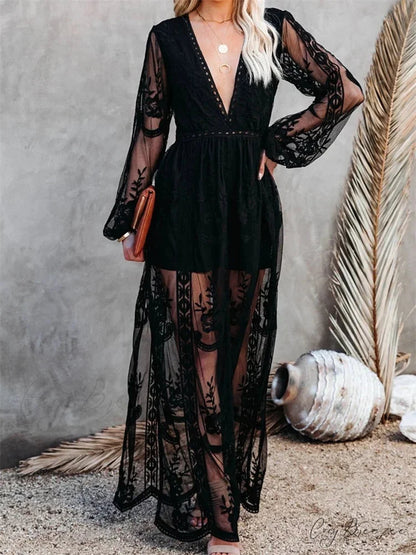Lace Floral Mesh See Through Summer Deep V-neck Lantern Sleeve Beach Female Vestidos