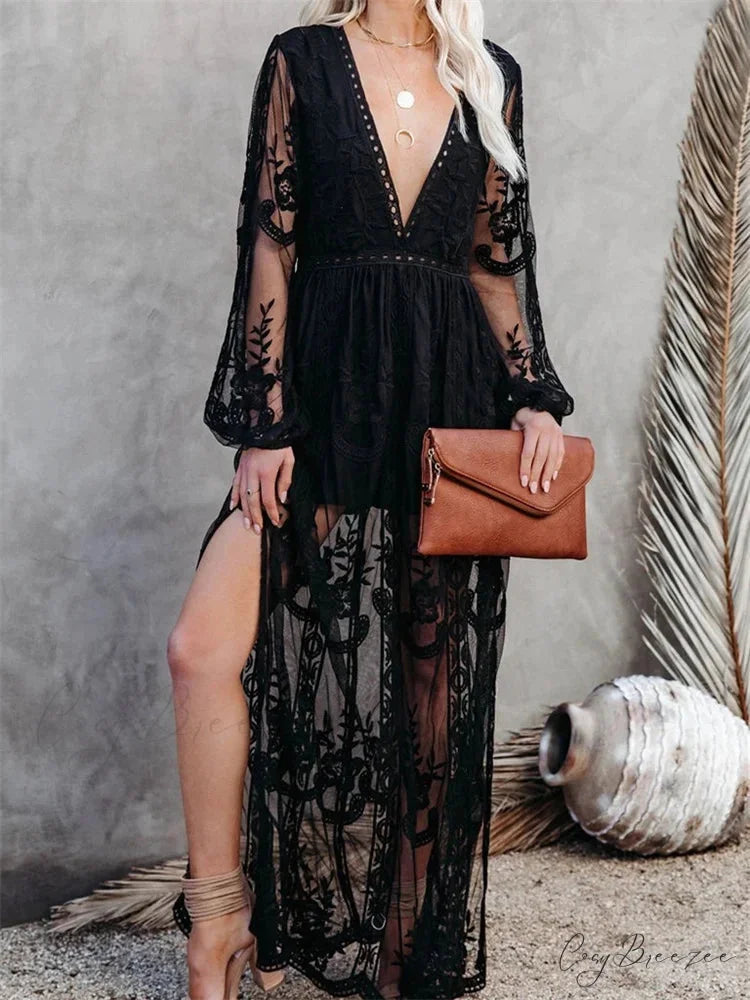 Lace Floral Mesh See Through Summer Deep V-neck Lantern Sleeve Beach Female Vestidos Black / S