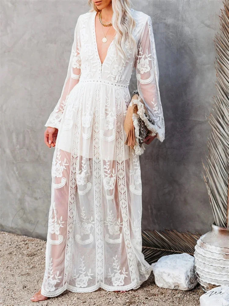 Lace Floral Mesh See Through Summer Deep V-neck Lantern Sleeve Beach Female Vestidos WHITE / S